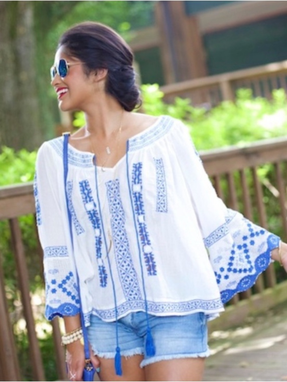 FREE PEOPLE Silver Springs BOHEMIAN Crochet Embroidered PEASANT TOP Size M